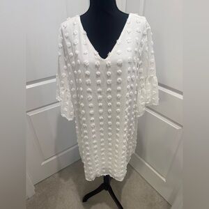 White V-Neck Sheath Dress with Bell Sleeves